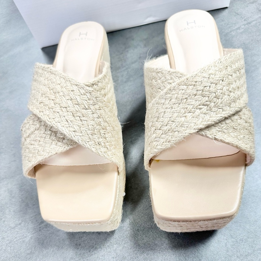 Halston Network Natural Braided Slip On Wedge Espadrille Sandal Shoes